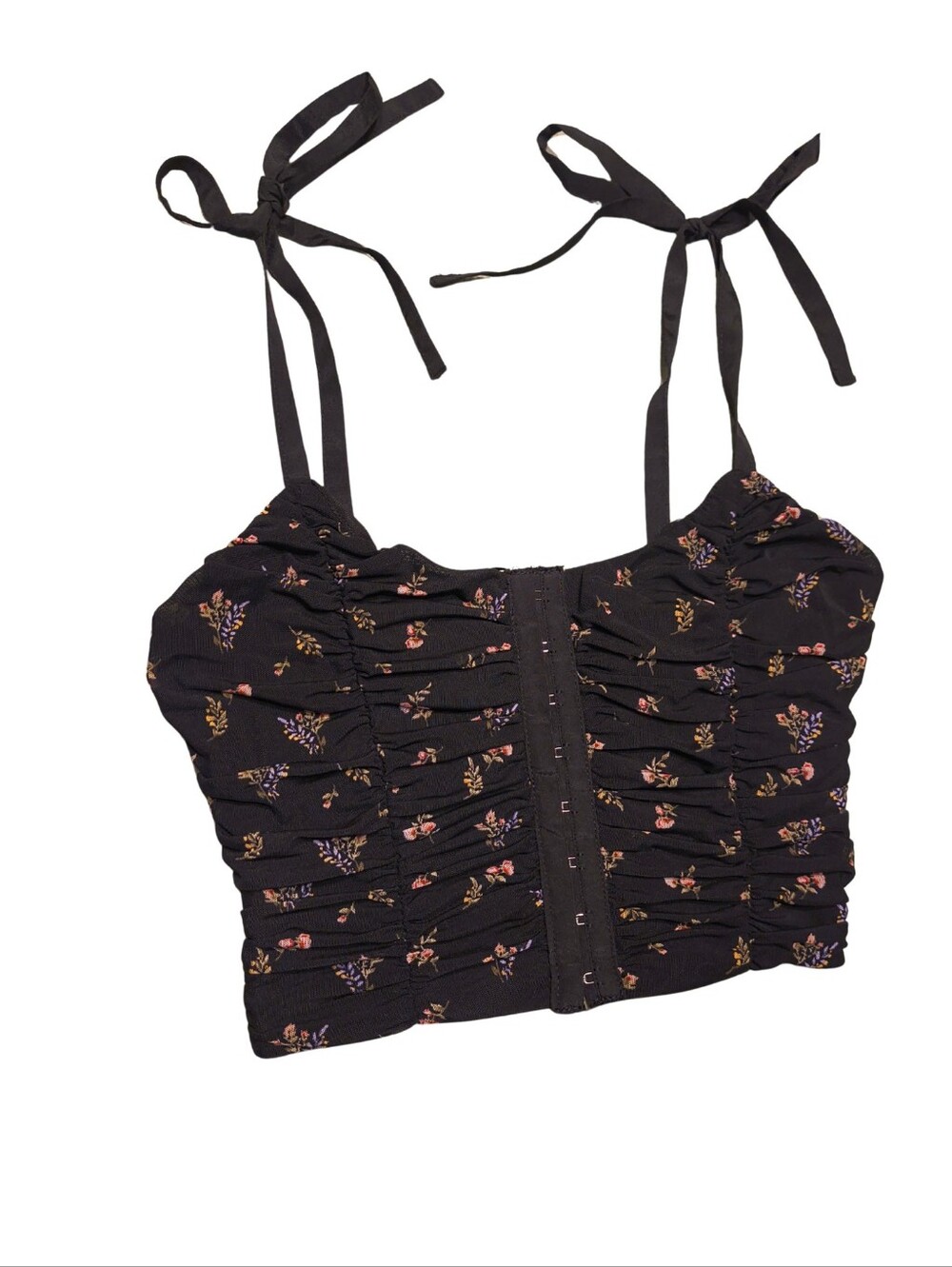 Ruched Black Floral Tie-Strap Crop Top